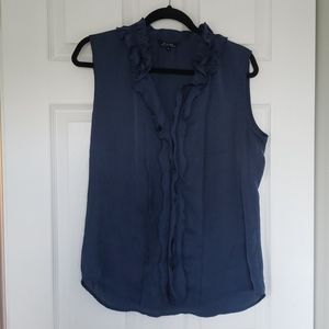 Blue silky ruffle front top